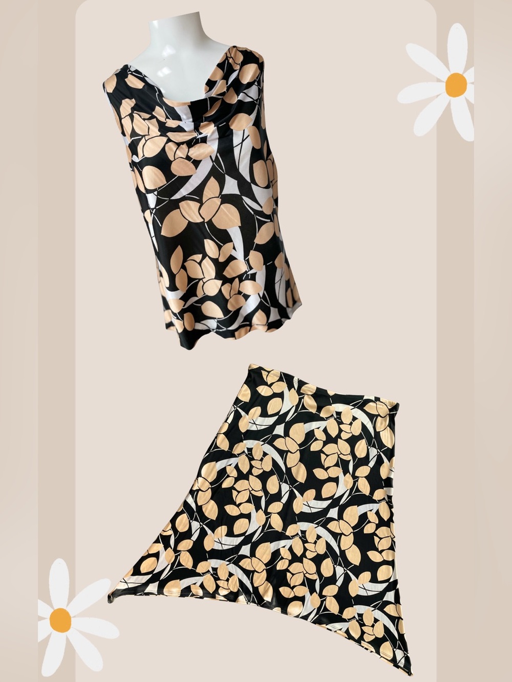 Merona 2 Piece Top/Skirt Set w/ Beige Leaf Print